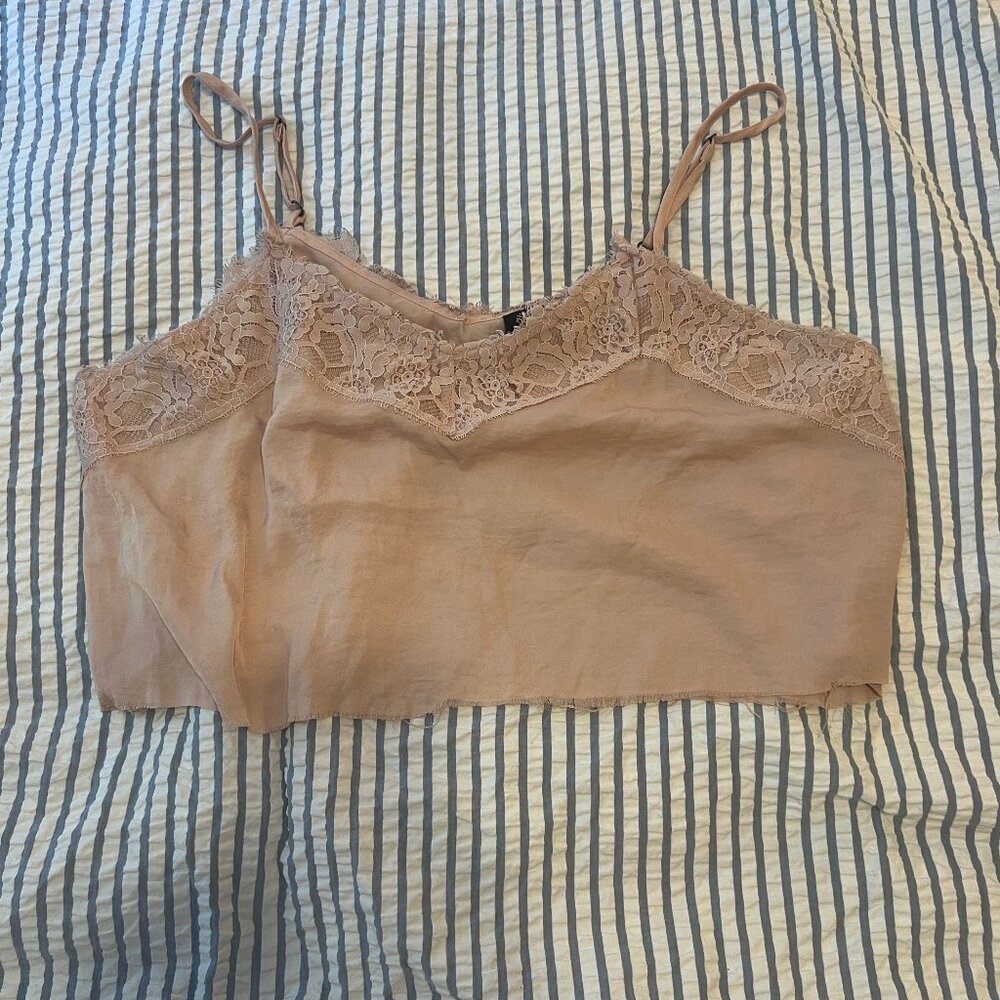 Raw Hem Lace V-Neck Satin Cropped Tank